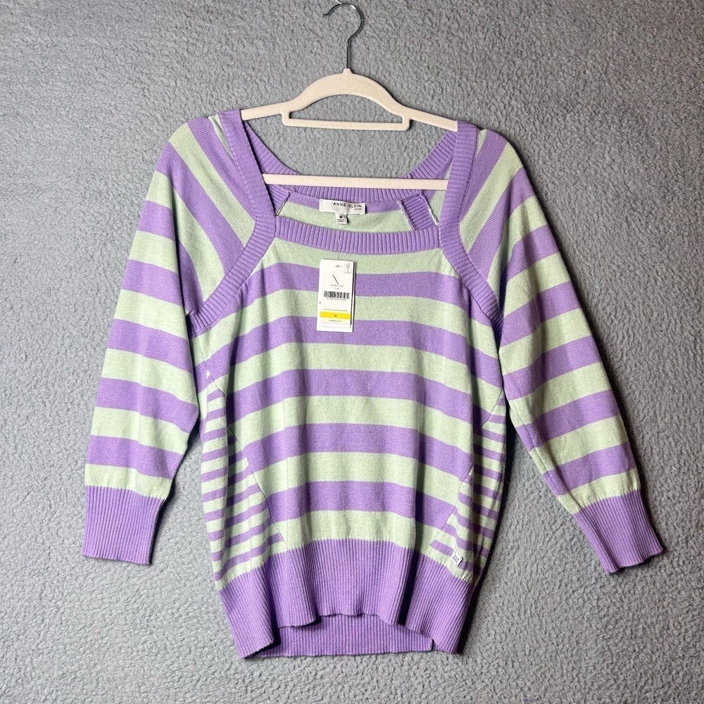 Anne Klein Sweater Womens M Purple Stripes Koa Striped Square Neck Sweater NEW